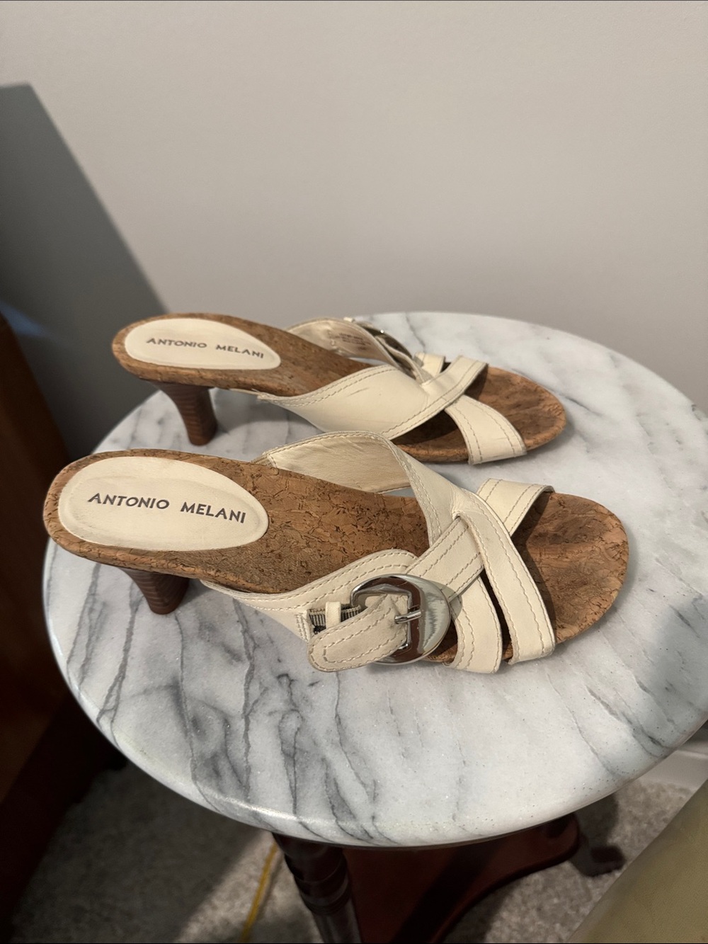 ANTONIO MELANI Ivory Leather Buckle Mule Heels 7